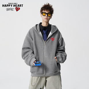 查尔斯桃心拉链开衫卫衣男款春秋横条纹复古休闲运动重磅连帽外套