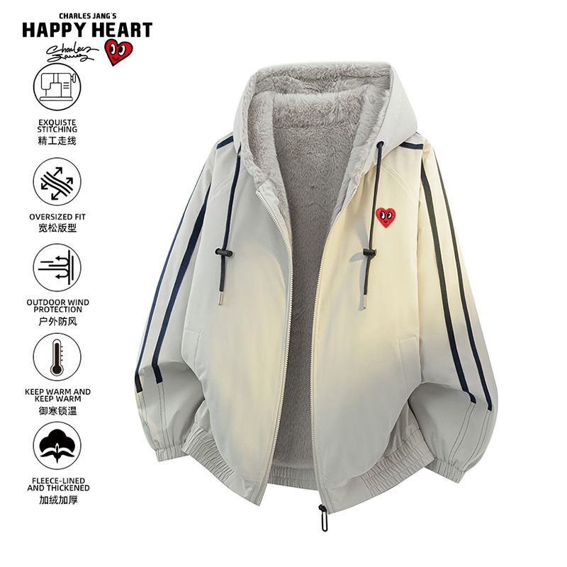 查尔斯桃心加绒加厚美式条纹运动棉服男女冬季新款保暖休闲外套潮