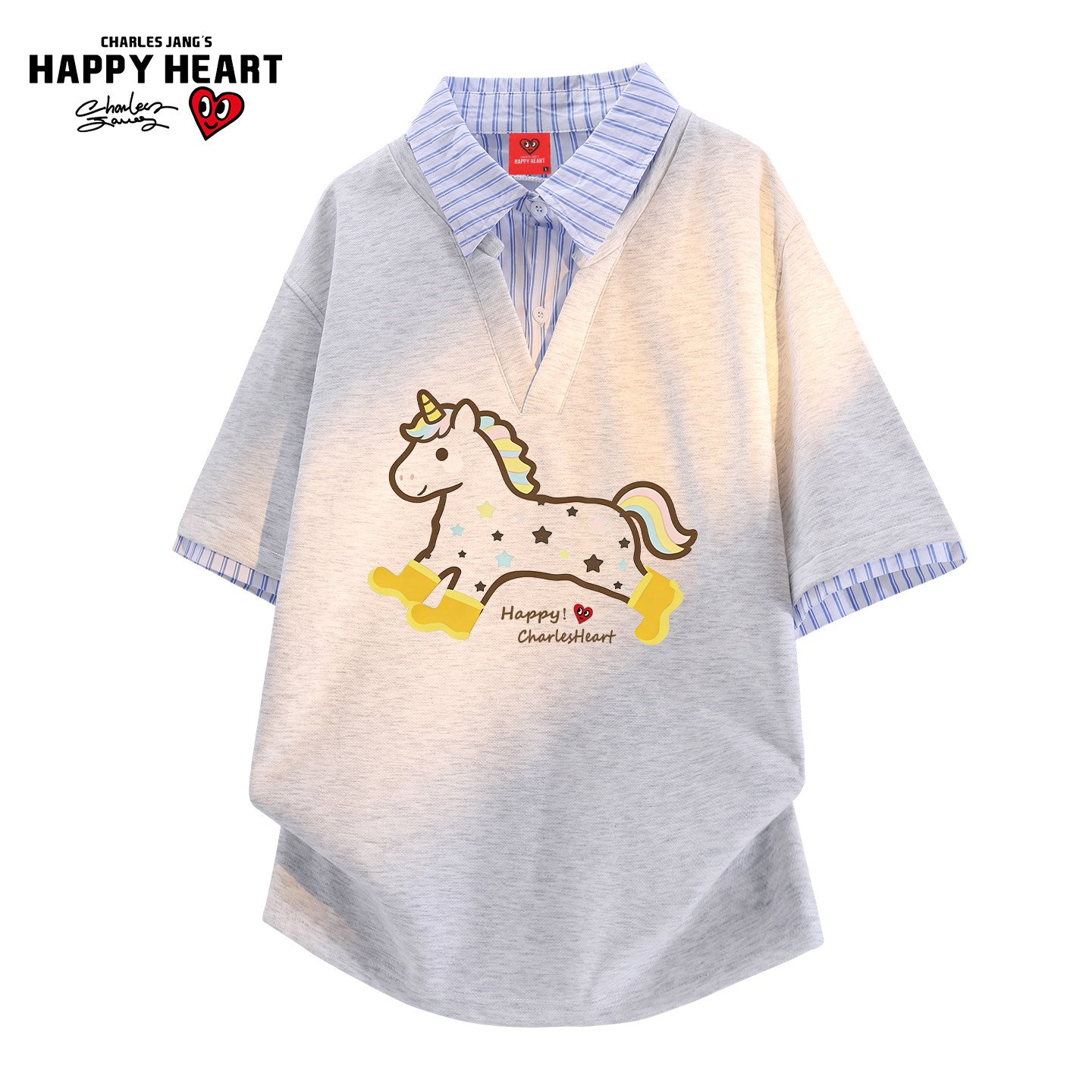 查尔斯桃心衬衫领拼接小马印花短袖POLO衫男夏季新款情侣百搭T恤