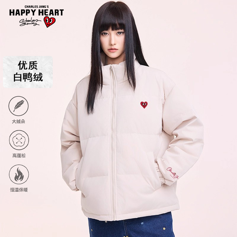 查尔斯桃心签名印花立领羽绒服男