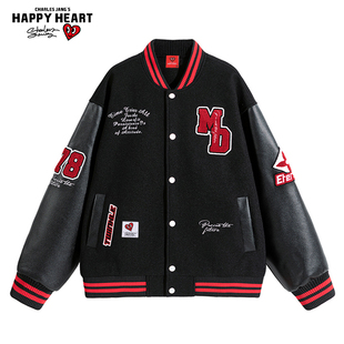 查尔斯桃心美式毛巾绣棒球服男女款春秋季高街情侣飞行员夹克外套