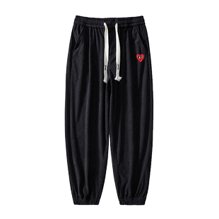 查尔斯桃心 裤子男款春秋冬季宽松束脚加绒黑色潮牌条绒休闲长裤