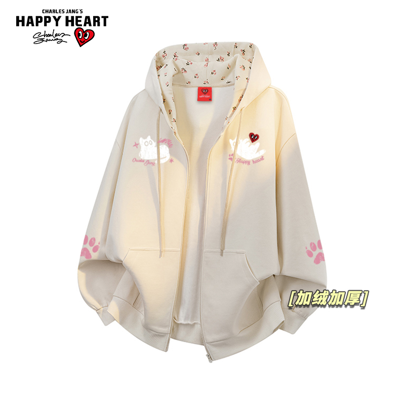 查尔斯桃心小猫印花开衫加绒加厚卫衣男冬季