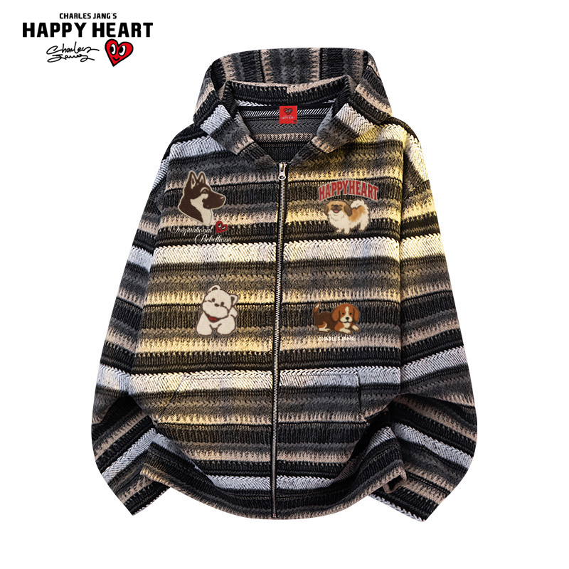 查尔斯桃心小狗条纹毛衣外套男