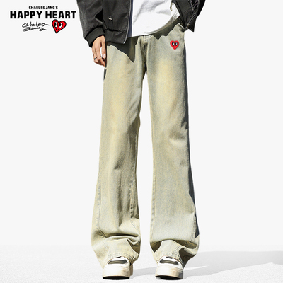 查尔斯桃心黄泥牛仔裤男秋冬季加绒加厚水洗美式高街微喇直筒长裤