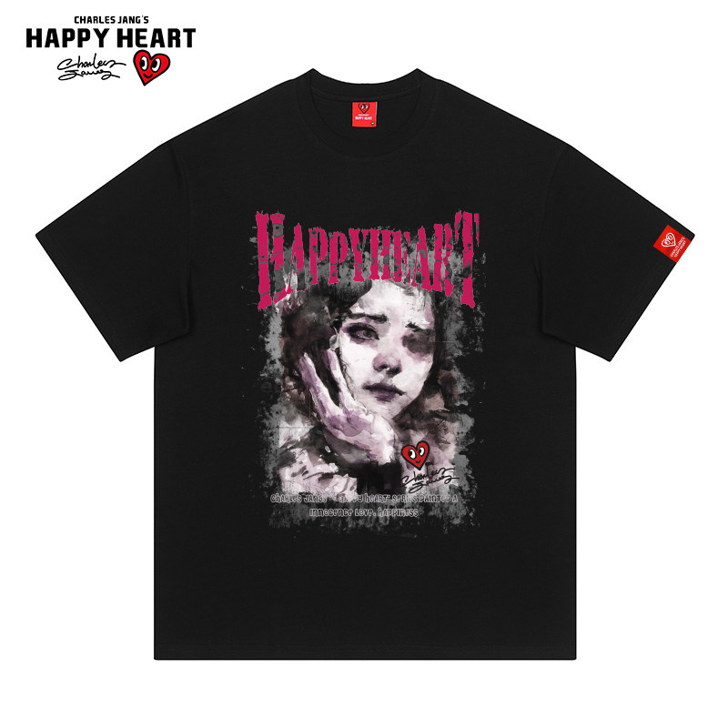 查尔斯桃心 美式人物油画风纯棉宽松短袖T恤男女夏季2026新款情侣