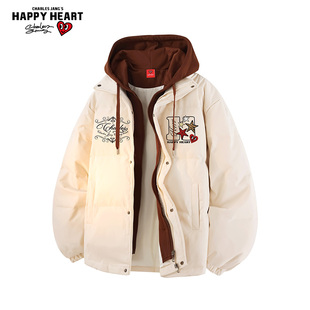 查尔斯桃心美式假两件连帽羽绒服男女冬季保暖新款防寒情侣外套