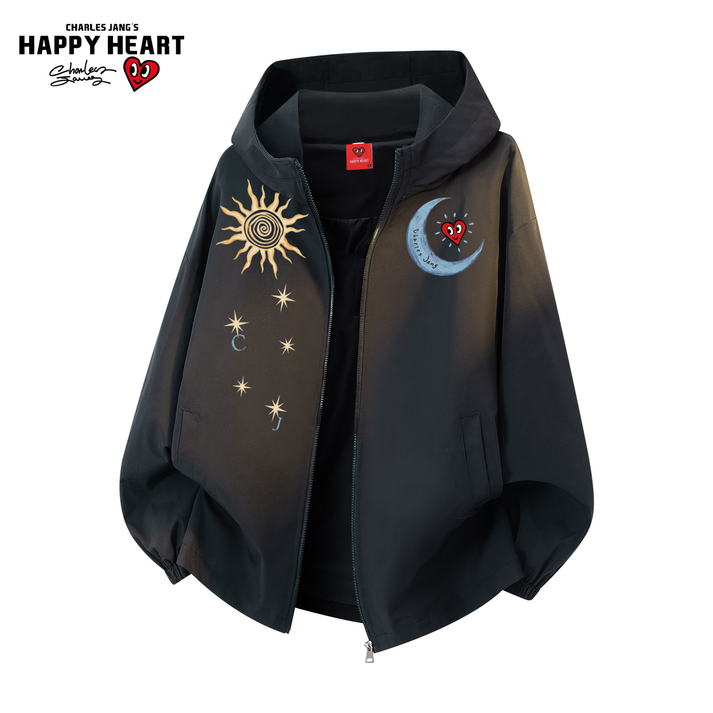 查尔斯桃心美式日月印花冲锋衣男春秋季户外防寒连帽情侣夹克外套