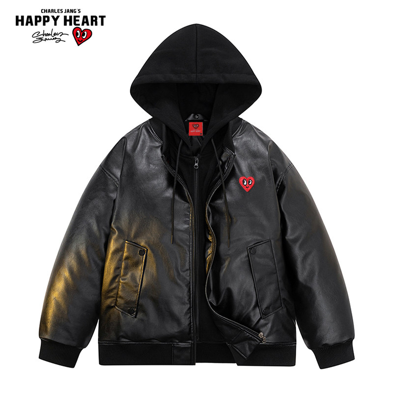 查尔斯桃心假两件PU皮棉衣男女冬季2025新款防风保暖机车连帽夹克,男装,棉衣,淘宝优惠券,粉丝福利购,淘宝优惠卷