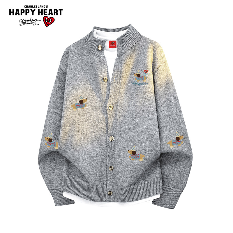 查尔斯桃心腊肠狗印花开衫毛衣男女冬季新款休闲情侣针织外套上衣