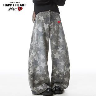 查尔斯桃心美式满印星星牛仔裤男女春秋季设计感直筒阔腿弯刀裤子