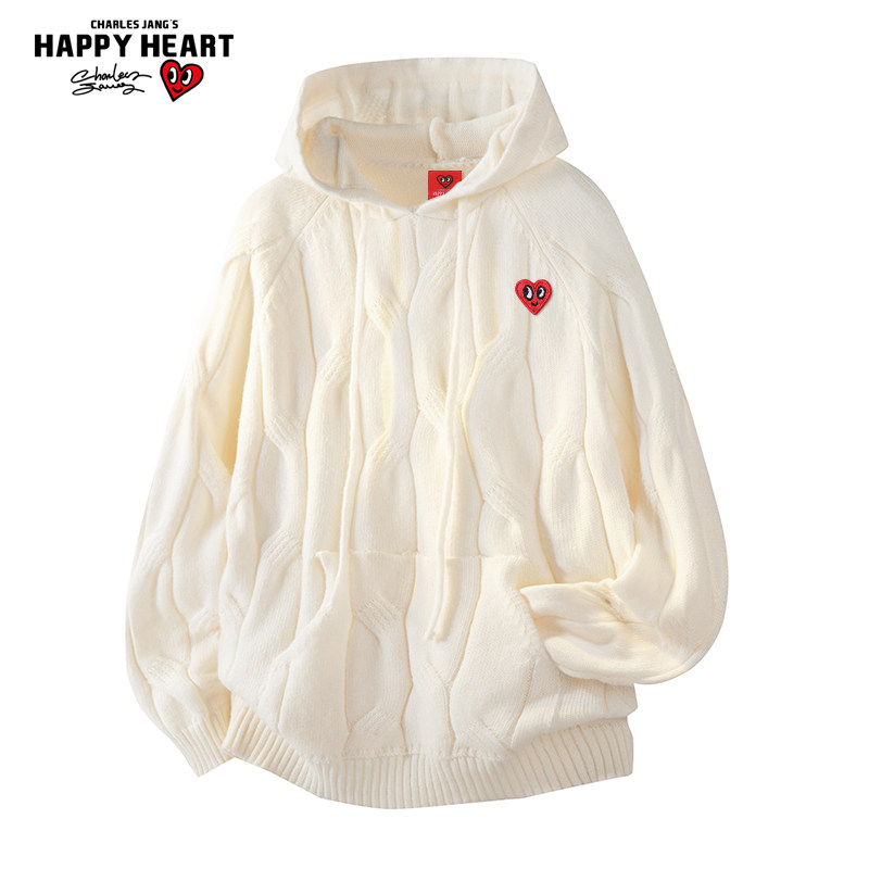 查尔斯桃心 软糯麻花连帽针织毛衣男秋冬季宽松加厚休闲情侣上衣