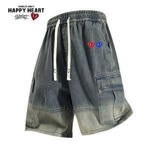 查尔斯桃心美式 情侣 复古水洗做旧渐变磨白双爱心刺绣五分牛仔短裤