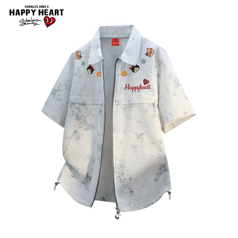 查尔斯桃心美式小猫印花扎染短袖衬衫男夏季翻领透气休闲衬衣外套