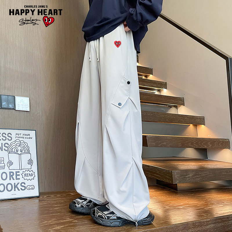 查尔斯桃心纯色褶皱工装裤男款夏季新款潮牌宽松直筒垂感休闲长裤