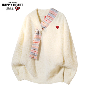 查尔斯桃心 彩色围巾拼接设计感针织衫男女秋冬季毛衣慵懒风情侣