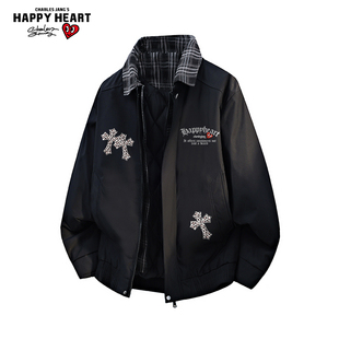 查尔斯桃心十字架印花假两件保暖棉服新款冬季男宽松休闲情侣外套