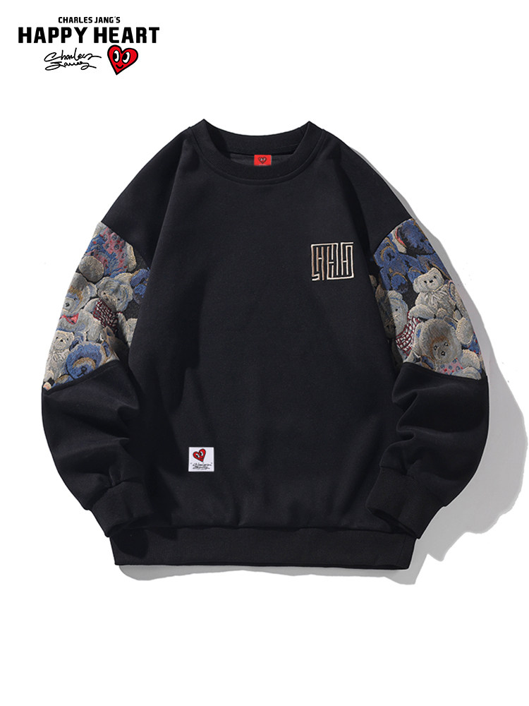 찰스 하트 베어 스웨터 남자 봄 가을 스티치 대비 색 자수 2024 커플 라운드 넥 바닥 셔츠