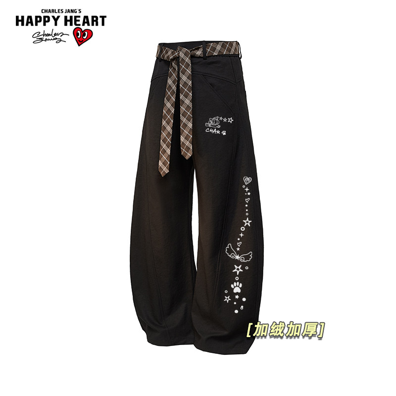 查尔斯桃心美式印花加绒加厚休闲长裤子男女春秋冬季宽松弯刀裤潮