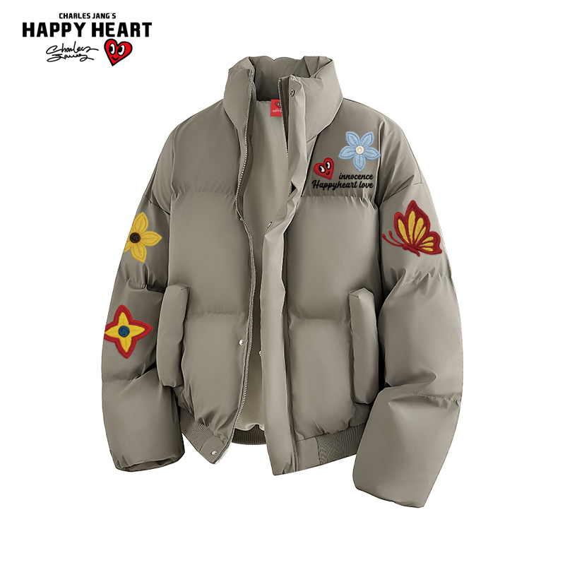 查尔斯桃心立领面包服棉衣男女加厚保暖冬季蝴蝶花卉印花棉服外套