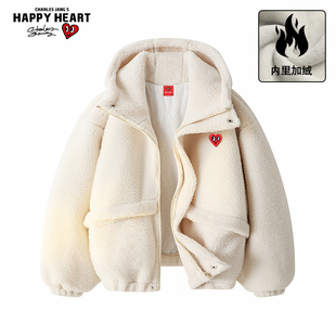 男女生加厚情侣装 2025新款 摇粒绒夹棉外套 冬季 查尔斯桃心棉服男款