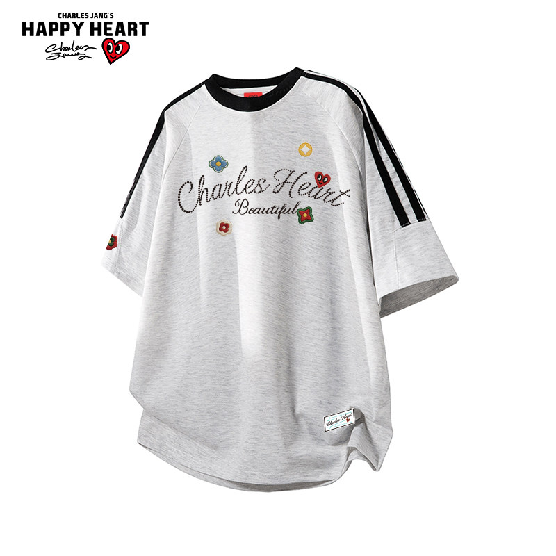 查尔斯桃心花卉字母印花条纹短袖T恤男女夏季新款2026圆领上衣服,男装,T恤,淘宝优惠券,粉丝福利购,淘宝优惠卷