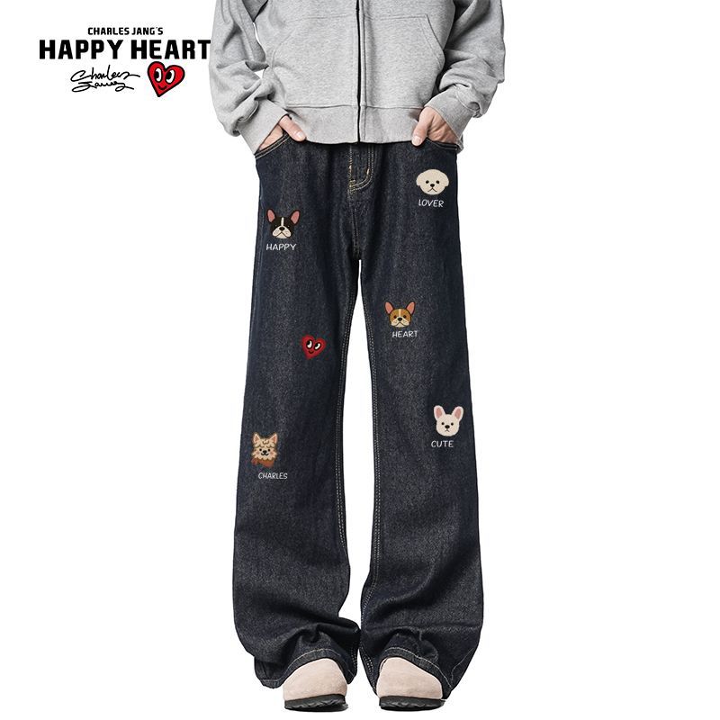 查尔斯桃心动漫涂鸦直筒牛仔裤男