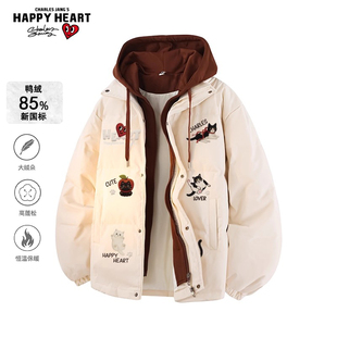 查尔斯桃心趣味小猫印花羽绒服男冬女季2025新款休闲加厚保暖外套