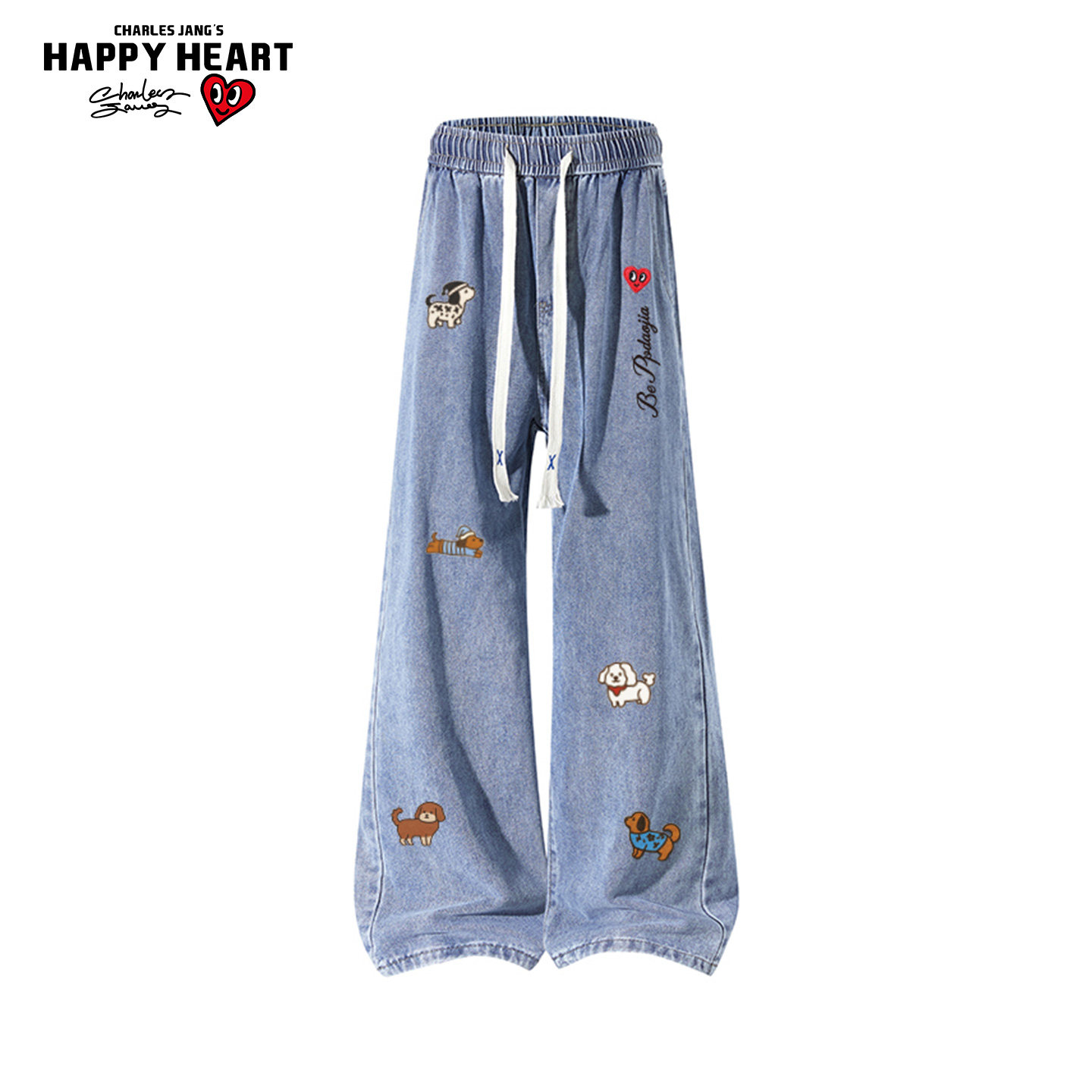 查尔斯桃心牛仔裤男款春季美式高街宽松直筒修身阔腿运动休闲长裤