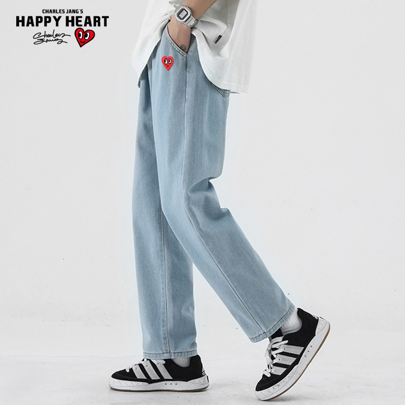 查尔斯桃心 牛仔裤男宽松直筒2026新款春秋季潮牌抽绳休闲长裤子