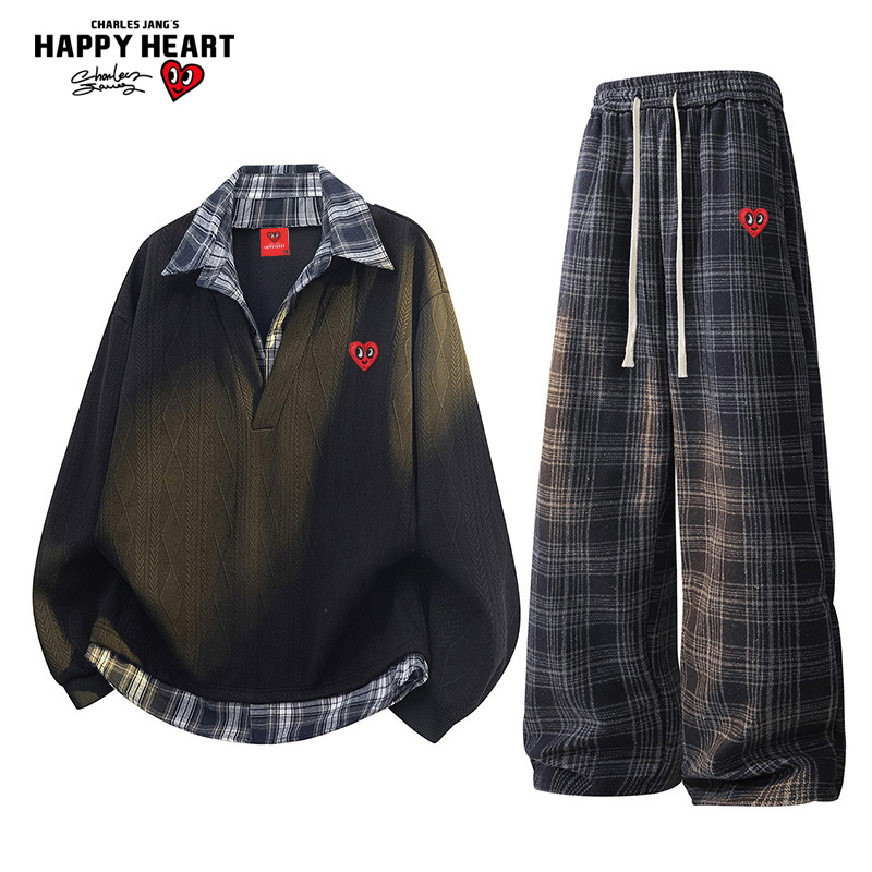 查尔斯桃心美式格纹休闲套装男