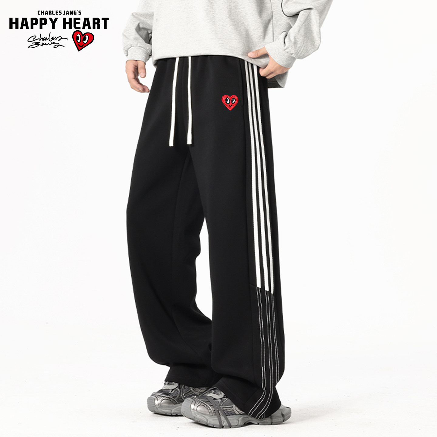 查尔斯桃心美式撞色条纹运动卫裤男女款秋冬季加绒垂感直筒长裤