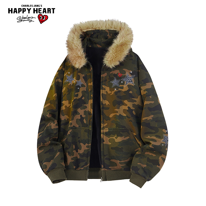 查尔斯桃心星星印花加绒加厚休闲连帽卫衣男