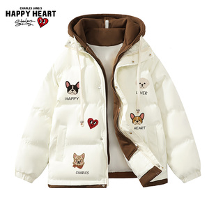 查尔斯桃心冬季 假两件棉衣男女连帽加厚防寒小狗印花潮牌情侣棉服
