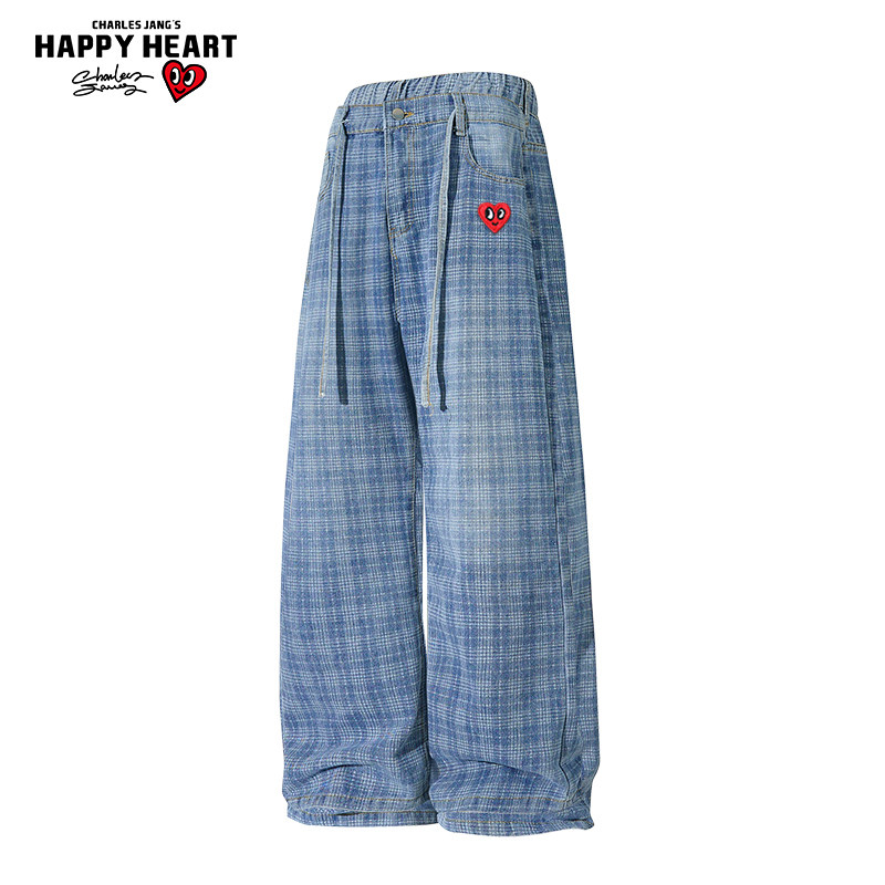 查尔斯桃心美式蓝色格子水洗牛仔裤男新款春秋季直筒宽松百搭长裤