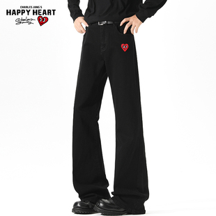 查尔斯桃心美式黑色微喇弯刀牛仔裤男女春秋高街显瘦男生休闲长裤