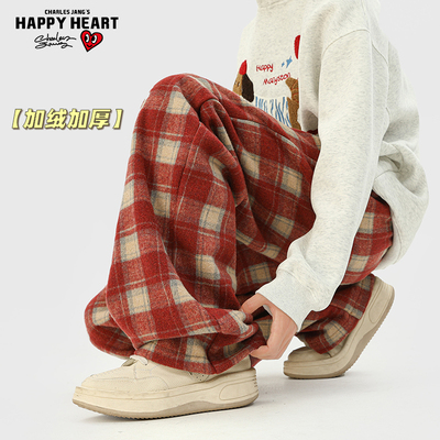 查尔斯桃心美式复古格子休闲裤男女冬季潮牌阔腿长裤加绒加厚裤子