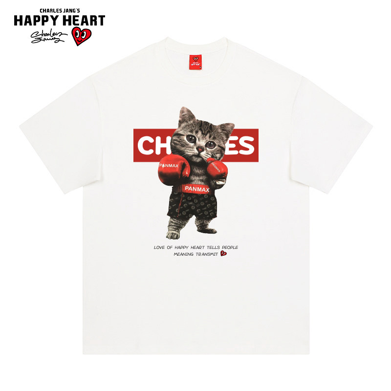 查尔斯桃心 卡通猫咪印花2026年夏季新款短袖t恤男无性别五分袖T