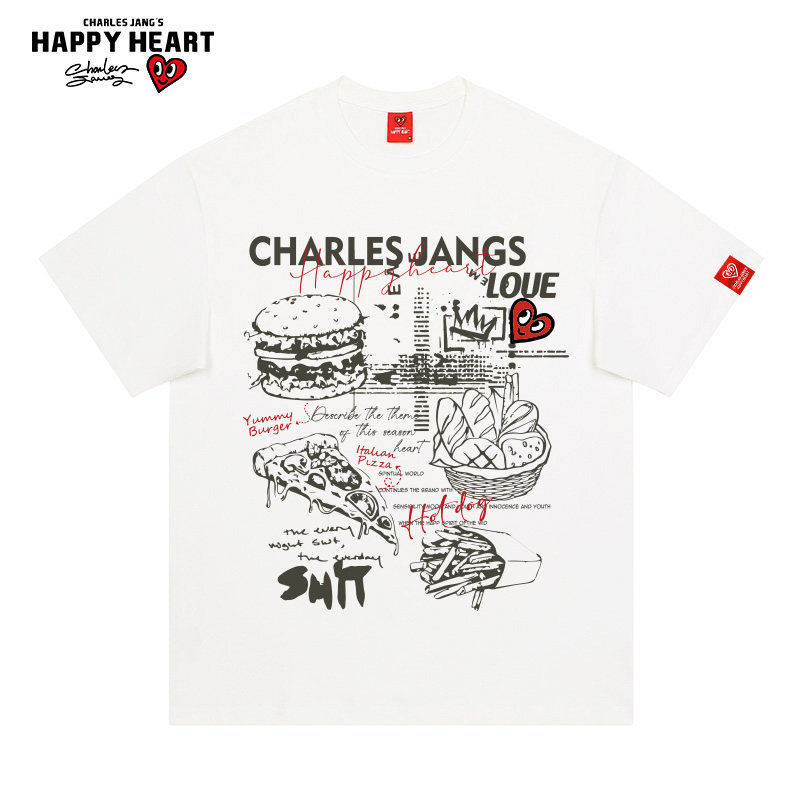 查尔斯桃心 美式复古汉堡薯条海报涂鸦圆领短袖T恤男夏季纯棉宽松