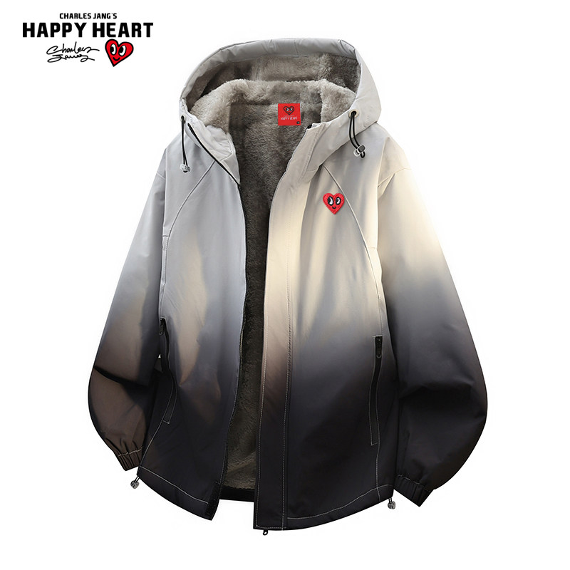 查尔斯桃心 户外渐变加绒夹克男秋冬季防风宽松连帽情侣外套衣服