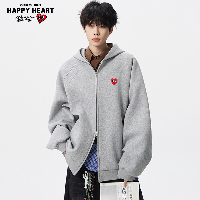 查尔斯桃心美式解构双拉链连帽开衫卫衣男女春秋廓形情侣休闲外套