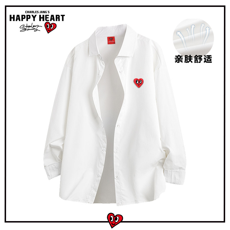 查尔斯桃心 白色长袖衬衫男女款春秋季宽松休闲情侣爱心衬衣外套