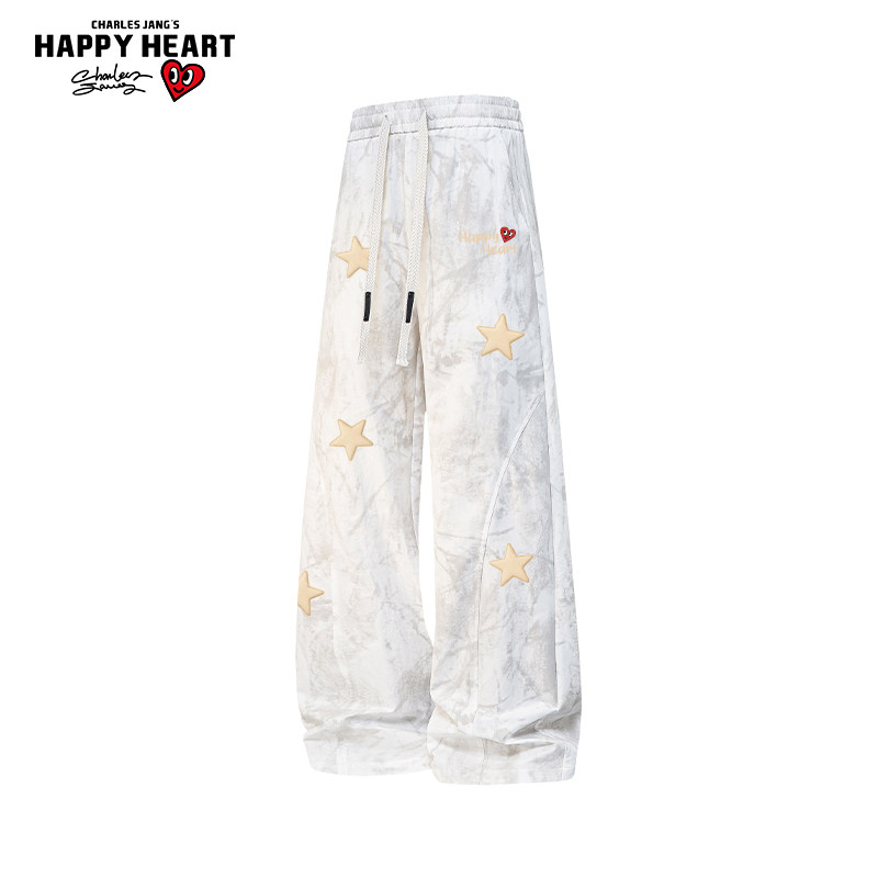 查尔斯桃心星星印花扎染休闲长裤子男女春秋季新款潮牌宽松直筒裤