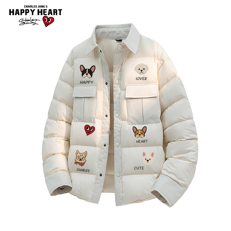 查尔斯桃心小狗印花男女冬季新款90羽绒服保暖轻薄宽松情侣外套潮