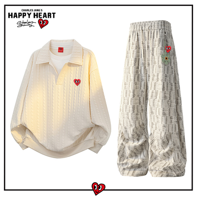 查尔斯桃心纹理休闲套装男春秋季宽松百搭卫衣情侣直筒长裤两件装