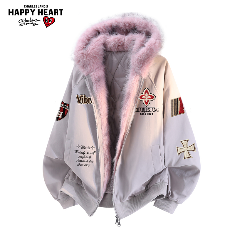 查尔斯桃心座山雕毛领连帽棉衣男