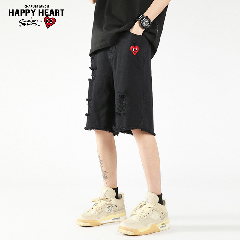 查尔斯桃心冰丝破洞牛仔短裤男2026年高街宽松休闲毛边水洗五分裤