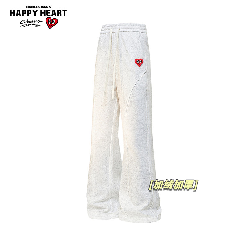 查尔斯桃心美式弯刀直筒加绒加厚休闲裤男女冬季新款百搭运动卫裤