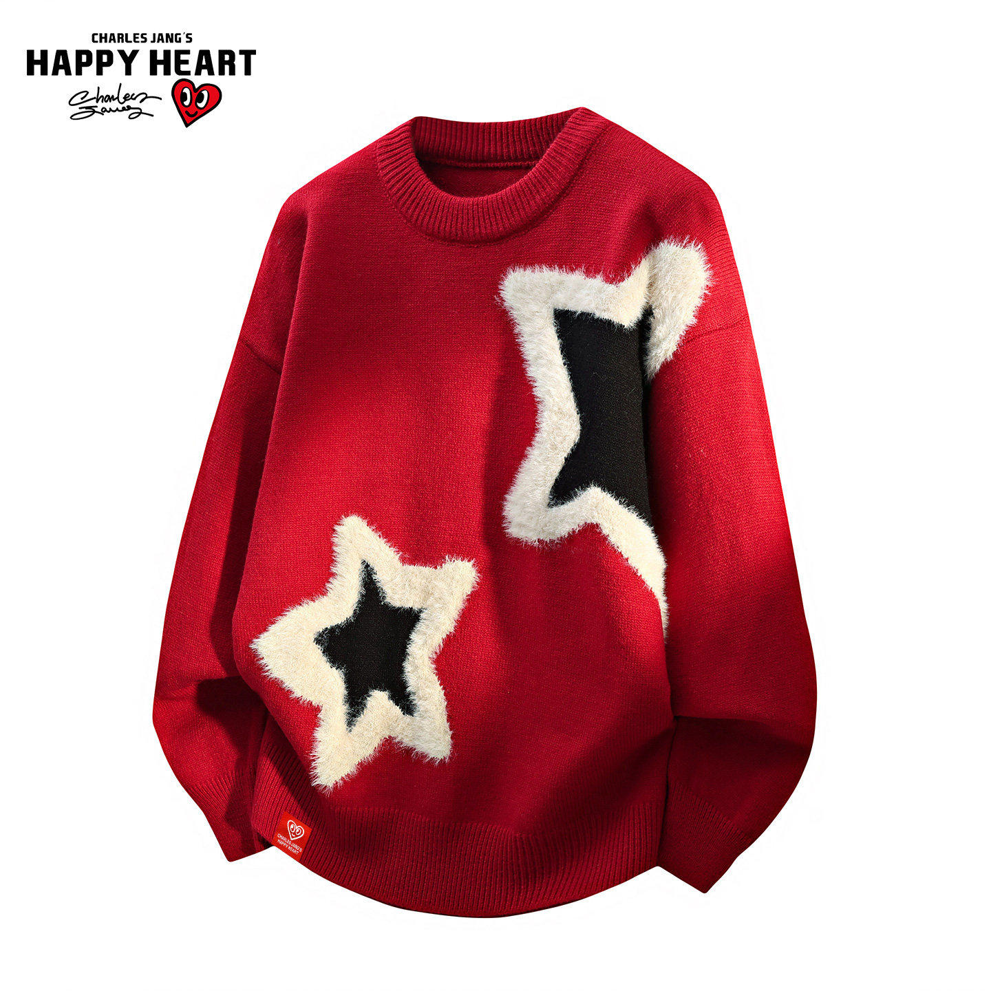 查尔斯桃心本命红色星星毛衣男圆领冬季新款慵懒保暖潮牌情侣上衣