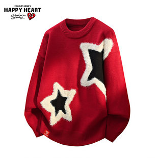 查尔斯桃心本命红色星星毛衣男圆领冬季新款慵懒保暖潮牌情侣上衣
